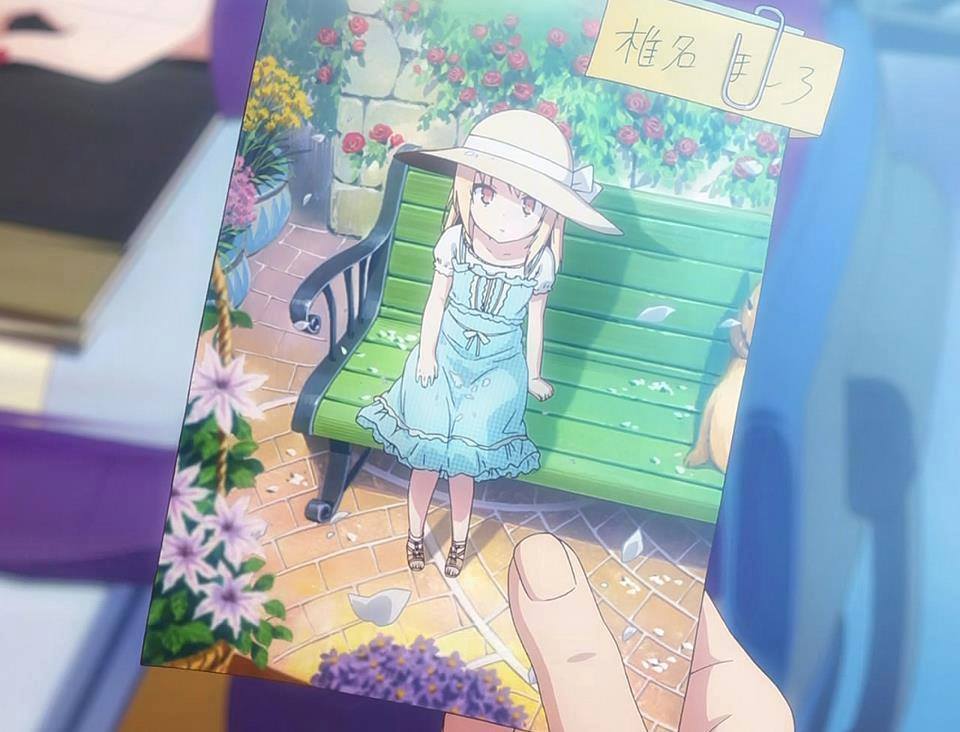 1girl blonde_hair blue_dress child clip cute dress flower garden hand hat long_hair looking_at_viewer orange_eyes outdoors paper_clip petals photo rose sakura-sou_no_pet_na_kanojo screencap screenshot shiina_mashiro solo young younger