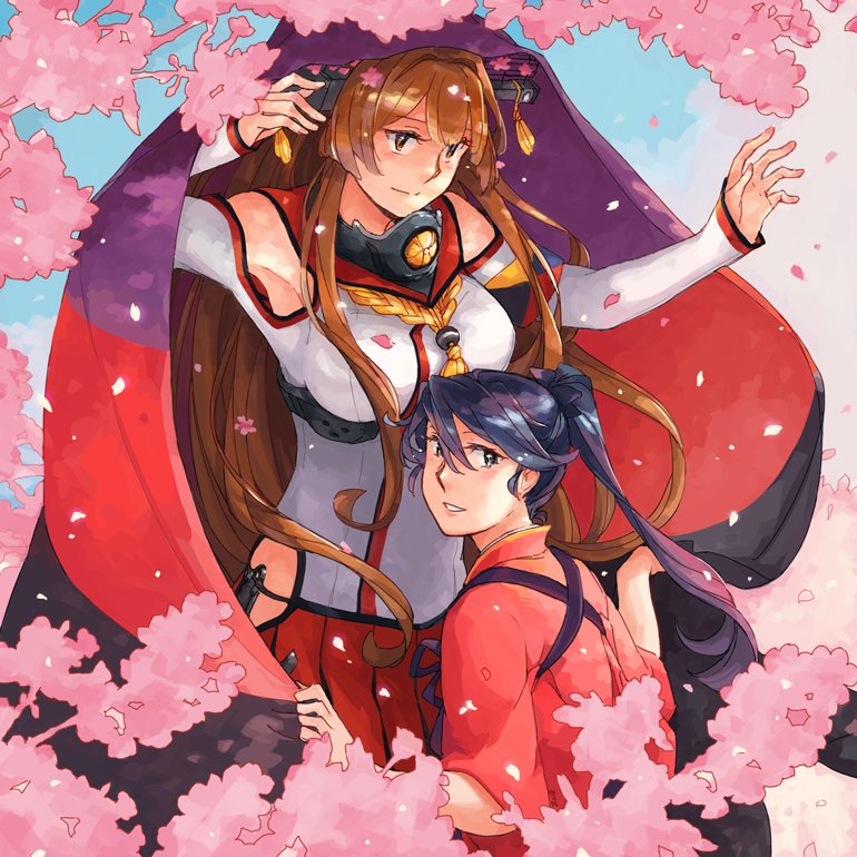 2girls armband armpits bangs bare_shoulders blue_eyes blue_hair blush breasts brown_eyes brown_hair cherry_blossoms cloak closed_mouth collar commentary_request day detached_sleeves eyebrows_visible_through_hair flower hair_between_eyes hair_flower hair_ornament headgear hip_vent houshou_(kantai_collection) japanese_clothes kantai_collection kimono long_hair long_sleeves looking_at_viewer miniskirt multiple_girls parted_lips petals pink_kimono pleated_skirt ponytail red_skirt shaded_face skirt sky smile tasuki tree weidashming wide_sleeves yamato_(kantai_collection) z-flag