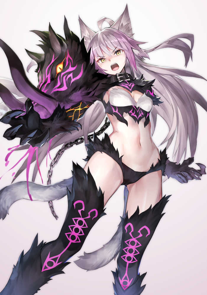 1girl agrius_metamorphosis ahoge animal_ears atalanta_(alter)_(fate) atalanta_(fate) belt_collar black_legwear blush breasts cat_ears cat_tail chains claws commentary_request crop_top fate/grand_order fate_(series) fur gluteal_fold grey_background hair_between_eyes multiple_girls multiple_tails navel open_mouth solo standing tail yellow_eyes yoshimo_(yoshimo1516)