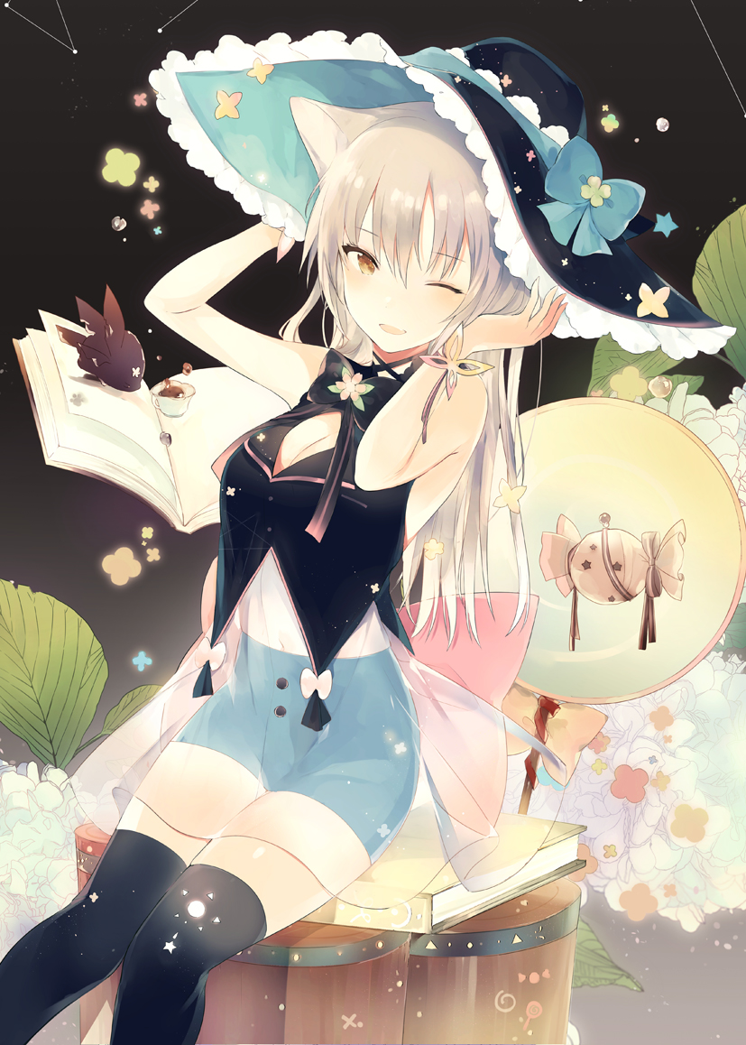 1girl ;) animal_ears bangs black_legwear blush book breasts brown_eyes candy cat_ears cleavage eyebrows_visible_through_hair food grey_hair hat knees_together_feet_apart long_hair looking_at_viewer lpip medium_breasts one_eye_closed open_book original parted_lips shorts sitting smile solo thigh-highs tsurime vest witch_hat
