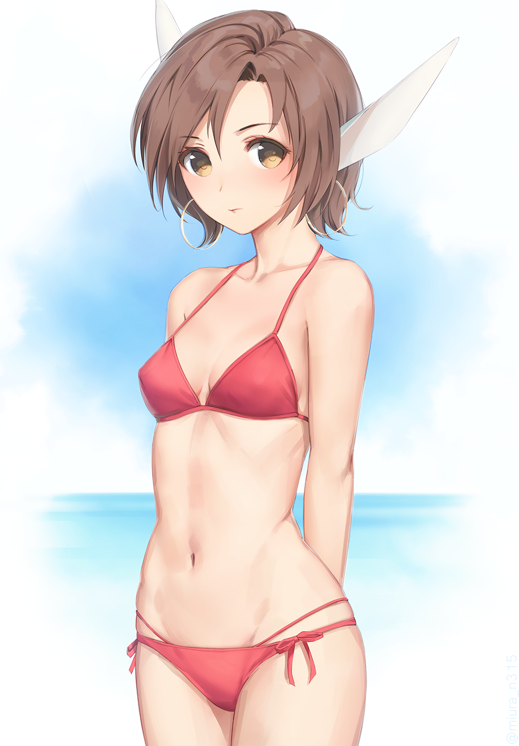 1girl animal_ears arms_behind_back artist_name bikini blue_sky breasts brown_eyes brown_hair closed_mouth collarbone commentary_request day earrings eyebrows_visible_through_hair halter_top halterneck highres hoop_earrings jewelry legs_together looking_at_viewer miura-n315 navel ocean outdoors red_bikini red_ribbon ribbon sakuya_(utawareru_mono) short_hair sky small_breasts standing swimsuit tareme utawareru_mono utawareru_mono:_itsuwari_no_kamen water