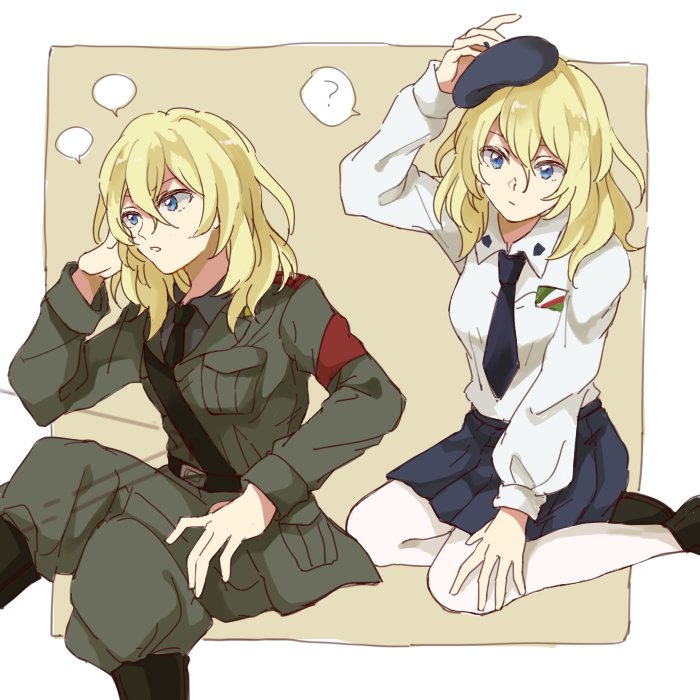 1girl ? alpachiiino anchovy anchovy_(cosplay) anzio_military_uniform anzio_school_uniform bangs belt beret black_footwear black_hat black_neckwear black_shirt black_skirt blonde_hair blue_eyes boots brown_background closed_mouth commentary cosplay dress_shirt dual_persona emblem girls_und_panzer grey_jacket grey_pants hand_in_hair hand_on_head hat jacket knee_boots legs_crossed loafers long_sleeves looking_at_viewer looking_to_the_side medium_hair military military_uniform miniskirt necktie oshida_(girls_und_panzer) outside_border pants pantyhose parted_lips pleated_skirt sam_browne_belt school_uniform seiza shirt shoes sitting skirt spoken_question_mark uniform white_legwear white_shirt wing_collar