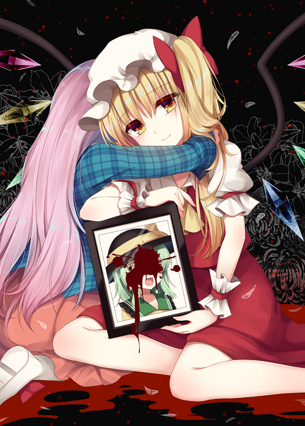 2girls :d black_background black_hat blonde_hair blood blue_shirt bow commentary_request crystal eyebrows_visible_through_hair feet_out_of_frame flandre_scarlet floral_background green_hair hat hat_bow hata_no_kokoro head_tilt holding holding_picture hug komeiji_koishi long_hair long_sleeves looking_at_viewer mob_cap multiple_girls open_mouth picture_(object) picture_frame pink_hair pink_skirt plaid plaid_shirt puffy_short_sleeves puffy_sleeves red_bow red_eyes shikitani_asuka shirt shoes short_hair short_sleeves side_ponytail sitting skirt smile touhou very_long_hair white_footwear white_hat wings wrist_cuffs yellow_bow