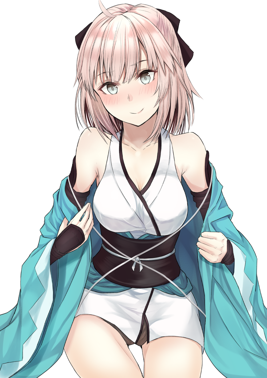 1girl ahoge bad_id bangs black_bow blush bow breasts cleavage closed_mouth commentary_request eyebrows_visible_through_hair fate/grand_order fate_(series) grey_eyes hair_between_eyes hair_bow haori head_tilt highres japanese_clothes kimono koha-ace large_breasts light_brown_hair looking_at_viewer mizoredama okita_souji_(fate) sitting sleeveless sleeveless_kimono smile solo white_background white_kimono
