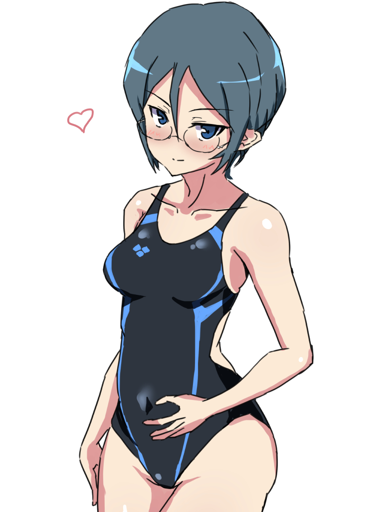 1girl alternate_eye_color alternate_hair_color bangs black_swimsuit blue_eyes blue_hair blush closed_mouth commentary competition_swimsuit covered_navel cowboy_shot eyebrows_visible_through_hair girls_und_panzer glasses heart looking_at_viewer mordeth one-piece_swimsuit rumi_(girls_und_panzer) short_hair simple_background smile solo standing swimsuit white_background