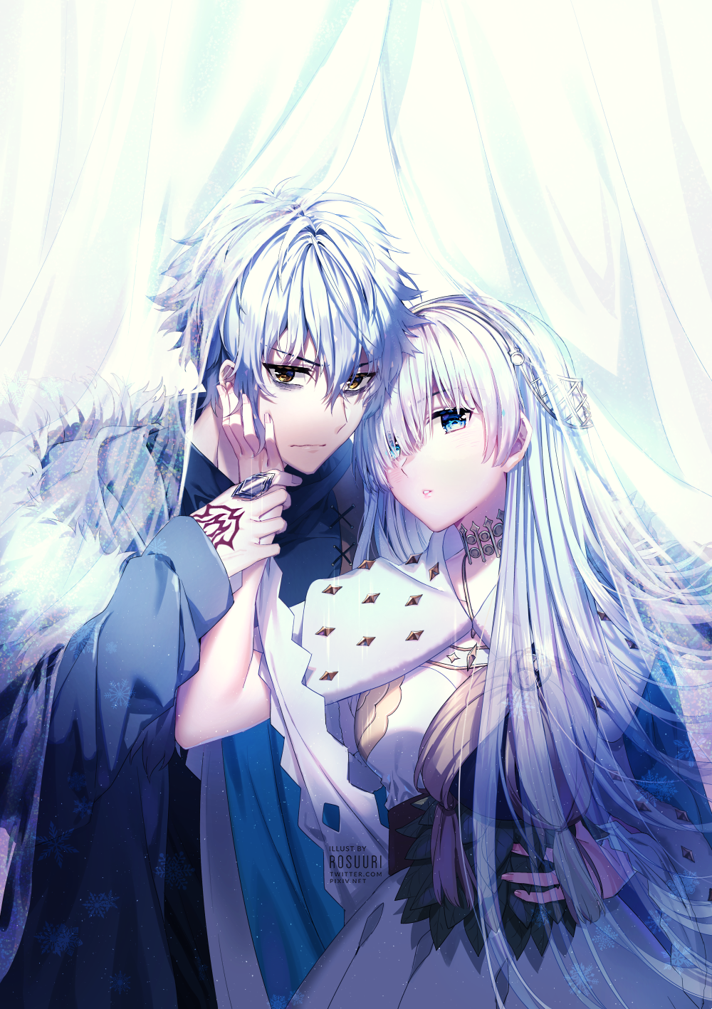 1boy 1girl anastasia_(fate/grand_order) artist_name bags_under_eyes bangs black_shirt blue_cloak blue_eyes blush brown_eyes cloak closed_mouth command_spell commentary_request crown dress eyebrows_visible_through_hair fate/grand_order fate_(series) fingernails fur-trimmed_jacket fur_trim grey_jacket hair_between_eyes hair_over_one_eye hand_on_another's_cheek hand_on_another's_face head_tilt highres holding jacket kadoc_zemlupus light_brown_hair long_hair looking_at_another looking_at_viewer mini_crown open_clothes open_jacket parted_lips rosuuri shirt silver_hair very_long_hair watermark wavy_mouth web_address white_dress