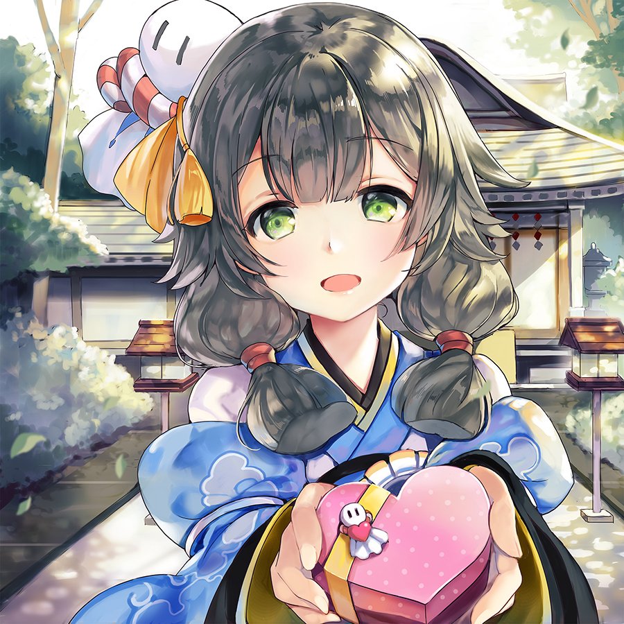 1girl :d box copyright_request fingernails gift giving green_eyes grey_hair head_tilt heart-shaped_box holding japanese_clothes kimono long_sleeves looking_at_viewer low_twintails open_mouth outdoors sibyl smile solo standing tassel twintails valentine wide_sleeves