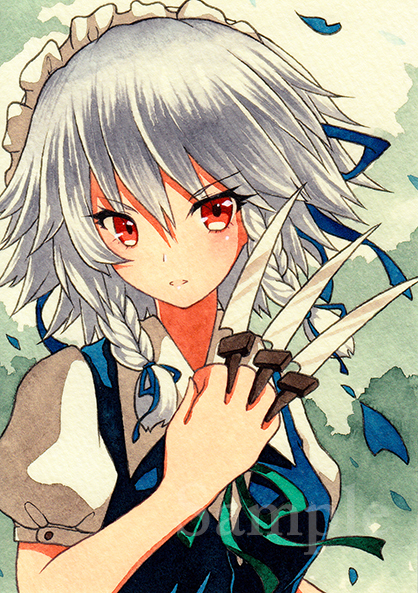 1girl bangs between_fingers blue_ribbon braid brown_eyes eyebrows_visible_through_hair green_ribbon hair_between_eyes hair_ribbon holding holding_knife izayoi_sakuya knife looking_at_viewer maid_headdress neck_ribbon parted_lips puffy_short_sleeves puffy_sleeves qqqrinkappp ribbon sample short_sleeves side_braid silver_hair solo touhou traditional_media twin_braids upper_body v-shaped_eyebrows