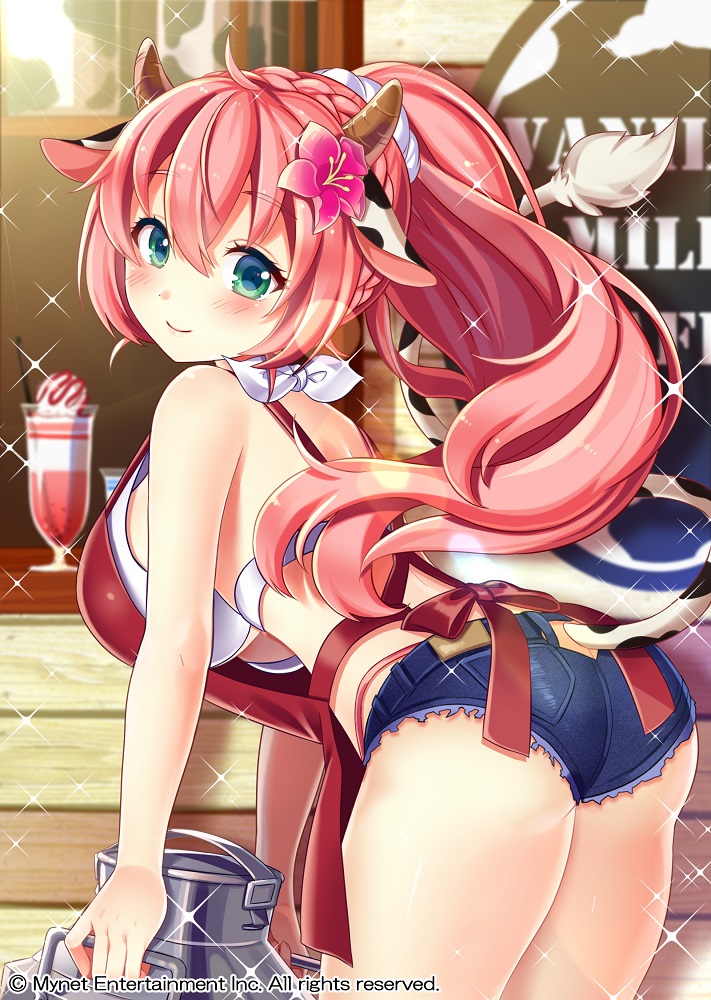 1girl animal_print apron ass blue_eyes blush bow braid breasts copyright_name cow_girl cow_horns cow_print cow_tail crown_braid flower green_eyes hibiscus high_ponytail horns large_breasts long_hair looking_at_viewer looking_back milk_churn nou original pink_hair ponytail shinki_kakusei_melty_maiden short_shorts shorts smile solo sparkle tail thighs thong wood