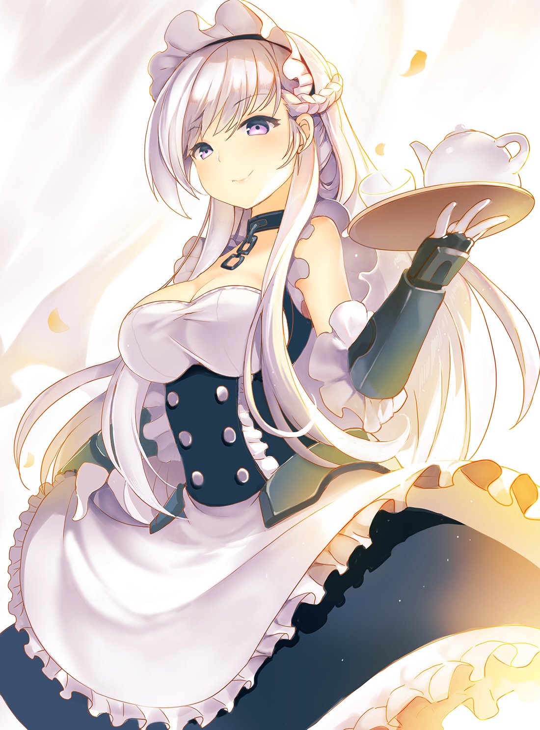 1girl apron azur_lane belfast_(azur_lane) blue_skirt braid breasts bustier cleavage closed_mouth collar commentary_request french_braid gauntlets highres holding large_breasts long_hair looking_at_viewer maid maid_apron maid_headdress metal_collar sibyl silver_hair skirt smile solo standing teapot tray violet_eyes waist_apron white_apron