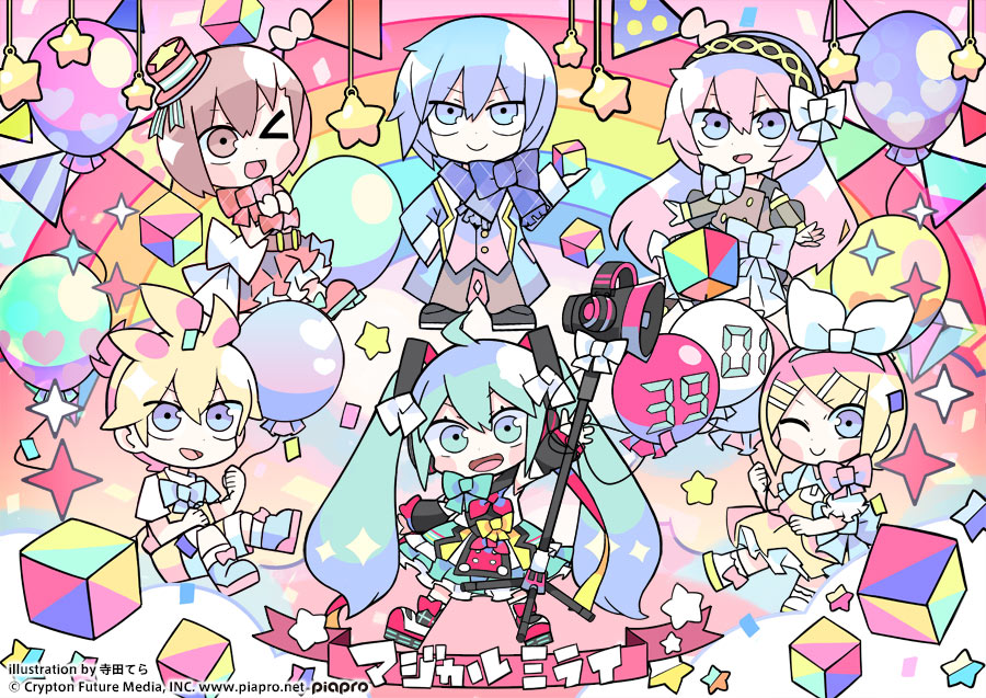 3boys 3girls ;&gt; ;&lt; bangs bent_elbows bent_knees blue_bow blue_eyes blue_neckwear bow bowtie clenched_hand closed_mouth commentary_request dress hairband hatsune_miku heart kagamine_len kagamine_rin kaito looking_at_viewer magical_mirai_(vocaloid) megurine_luka multicolored multicolored_eyes multicolored_footwear multicolored_hair multicolored_hairband multiple_boys multiple_girls open_mouth polka_dot red_neckwear star tera violet_eyes yellow_dress