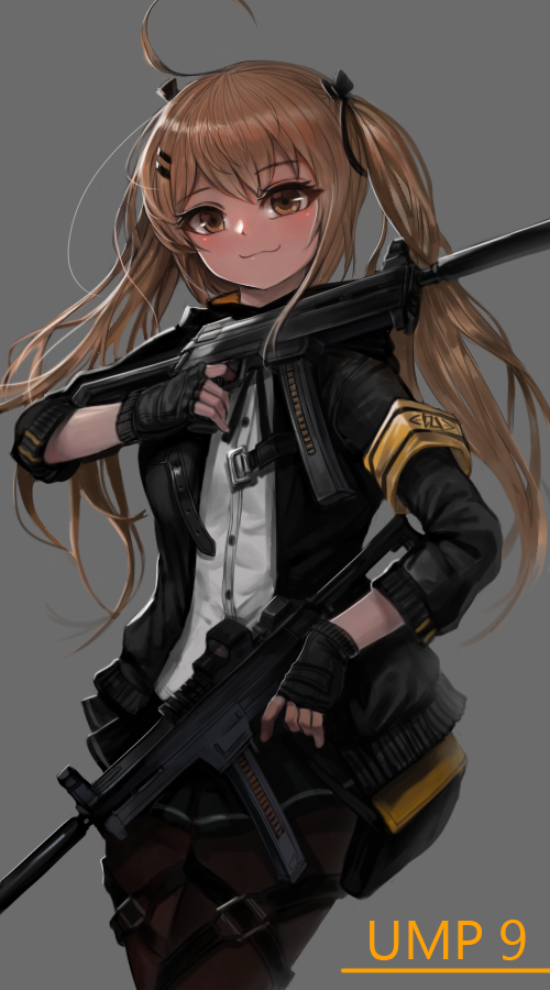 1girl armband brown_hair character_name cowboy_shot dokomon dual_wielding girls_frontline gun h&amp;k_ump heckler_&amp;_koch looking_at_viewer red_eyes scar scar_across_eye smile submachine_gun suppressor twintails ump9_(girls_frontline) weapon