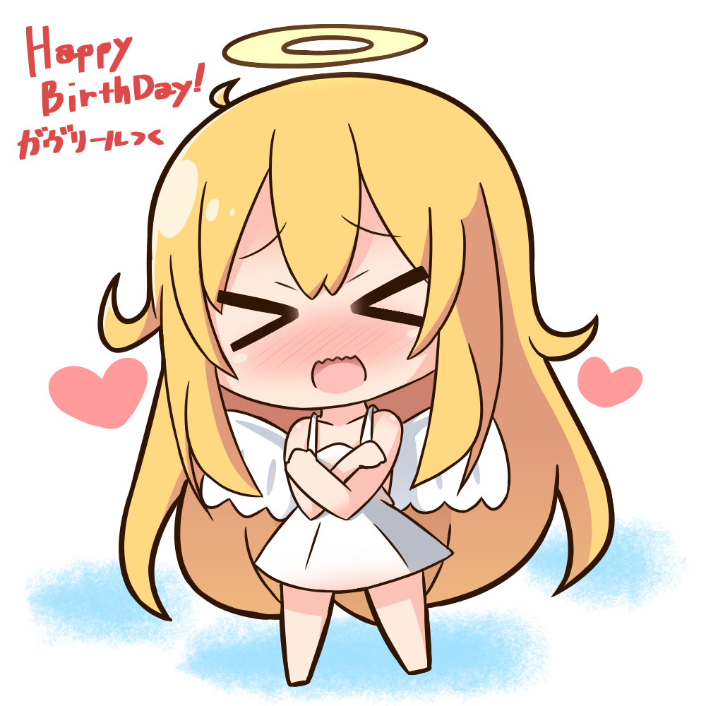 &gt;_&lt; 1girl angel angel_wings bangs bare_arms bare_shoulders barefoot blonde_hair blush chibi closed_eyes collarbone commentary_request dress eyebrows_visible_through_hair facing_viewer full_body gabriel_dropout hair_between_eyes halo hana_kazari happy_birthday heart long_hair nose_blush open_mouth short_dress sleeveless sleeveless_dress solo standing tenma_gabriel_white translation_request very_long_hair wavy_mouth white_background white_dress white_wings wings