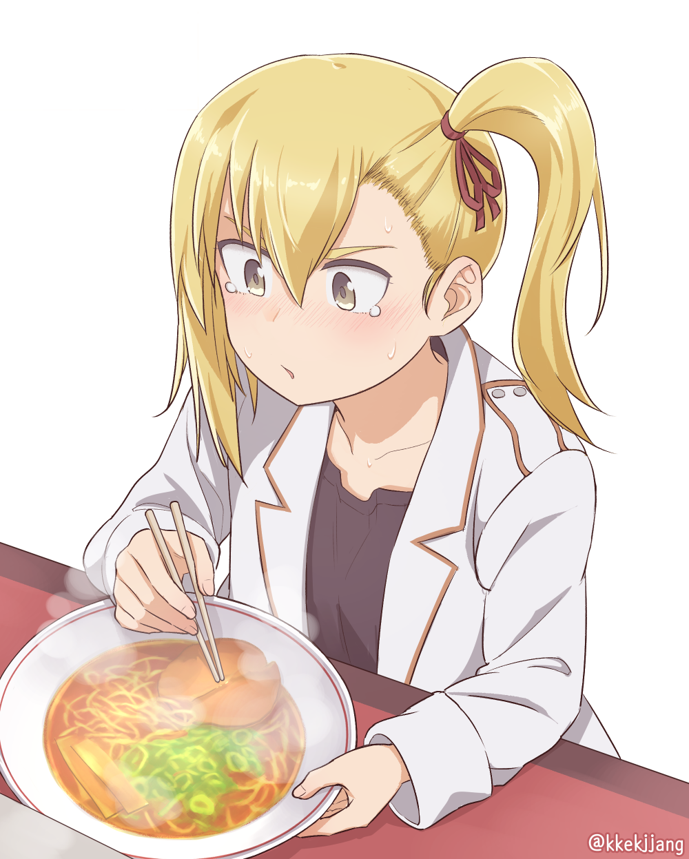 1girl :o anzu_(hinamatsuri) bangs black_shirt blonde_hair blush chopsticks food hair_ribbon highres hinamatsuri_(manga) holding holding_chopsticks hot long_coat long_sleeves noodles plate ramen red_ribbon ribbon shirt side_ponytail sidelocks simple_background sitting solo sweat tears texus twitter_username upper_body white_background white_coat yellow_eyes