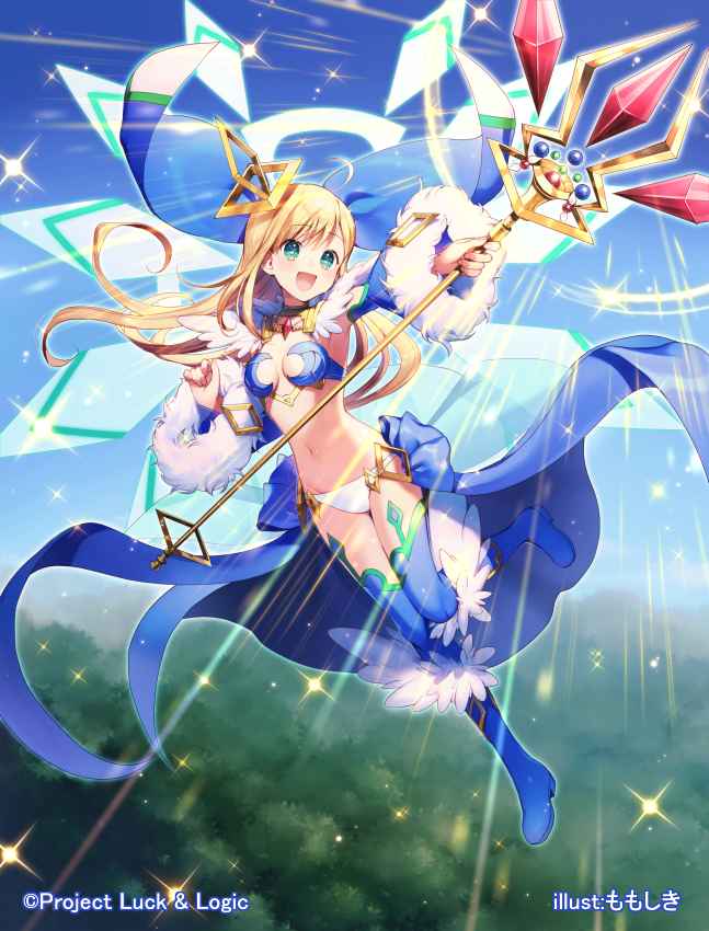 1girl :d ahoge bangs blonde_hair blue_footwear blue_legwear blue_sky blush breasts commentary_request day detached_sleeves eyebrows_visible_through_hair flying_sweatdrops forest fur-trimmed_boots fur-trimmed_sleeves fur_trim green_eyes hina_logi_-_from_luck_&amp;_logic holding holding_staff liones_yelistratova long_hair long_sleeves medium_breasts momoshiki_tsubaki nature navel official_art open_mouth outdoors panties revealing_clothes sky smile solo sparkle staff thigh-highs underwear very_long_hair white_panties wide_sleeves