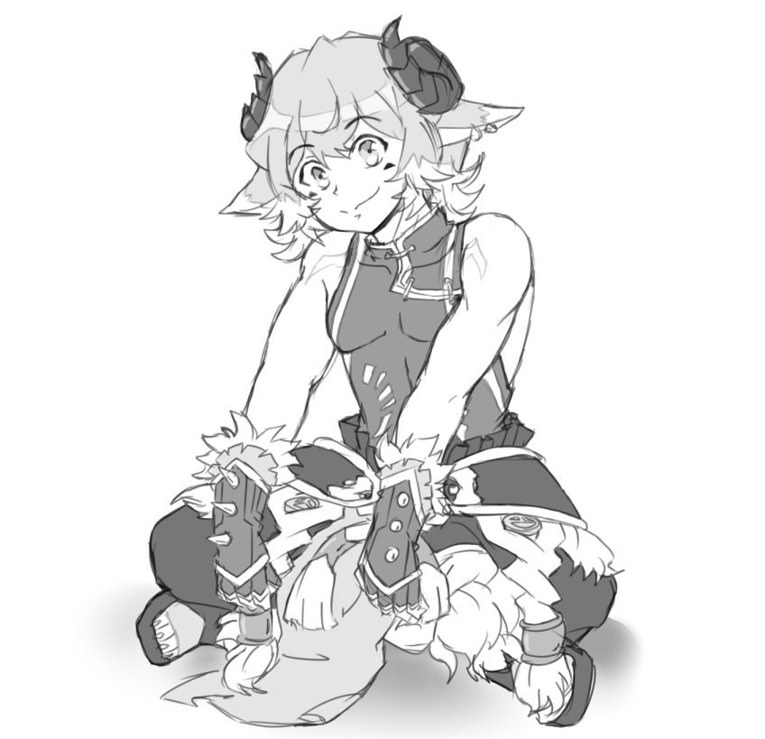 1boy animal_ears drawfag facial_mark gajel_(last_period) gloves goat_horns greyscale last_period legs_crossed looking_at_viewer male_focus monochrome sandals sitting sketch smile spiked_gloves