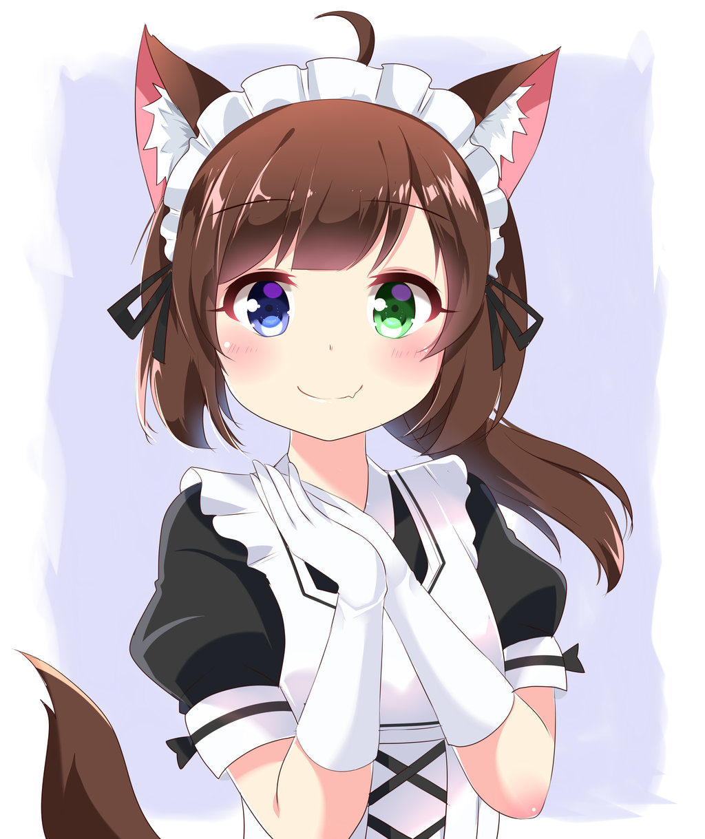 1girl agung_syaeful_anwar ahoge animal_ears apron black_dress black_ribbon blue_eyes blush brown_hair closed_mouth commentary dog_ears dog_girl dog_tail dress elbow_gloves fang fang_out gloves green_eyes hands_up heterochromia highres long_hair looking_at_viewer low_ponytail maid maid_apron maid_headdress original own_hands_together ponytail puffy_short_sleeves puffy_sleeves ribbon short_sleeves sidelocks smile solo tail upper_body white_apron white_gloves