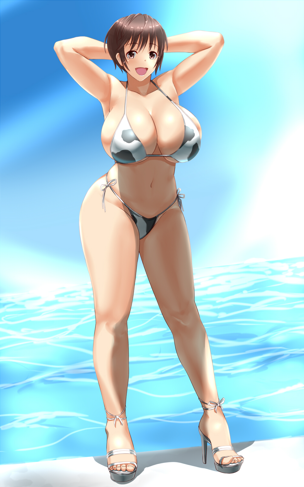 animal_print arms_behind_head arms_up bikini blush breasts brown_eyes brown_hair cleavage collarbone commentary_request cow_print full_body high_heels highres huge_breasts idolmaster idolmaster_cinderella_girls long_legs looking_at_viewer navel oikawa_shizuku outdoors print_bikini rokushiru_(muzai-p) shiny shiny_hair side-tie_bikini sideboob skindentation solo standing swimsuit water