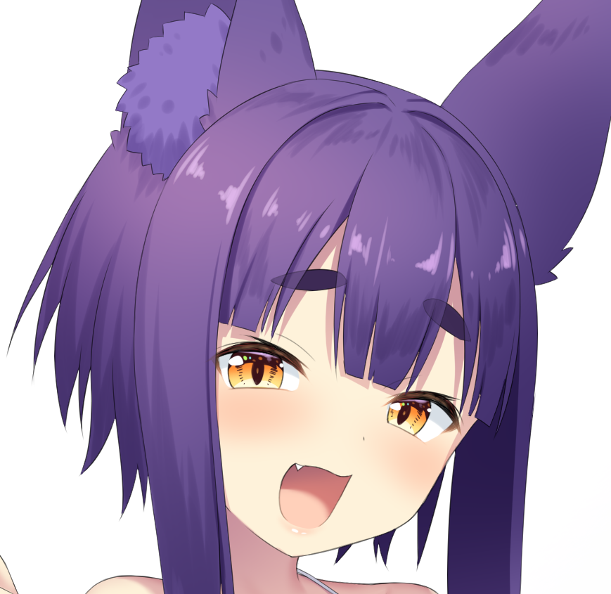 1girl :d animal_ears bangs bare_shoulders blush brown_eyes character_request eyebrows_visible_through_hair face fang fox_ears head_tilt long_hair looking_at_viewer mashima_(sumachi) open_mouth otogi_frontier portrait purple_hair sidelocks simple_background smile solo thick_eyebrows white_background