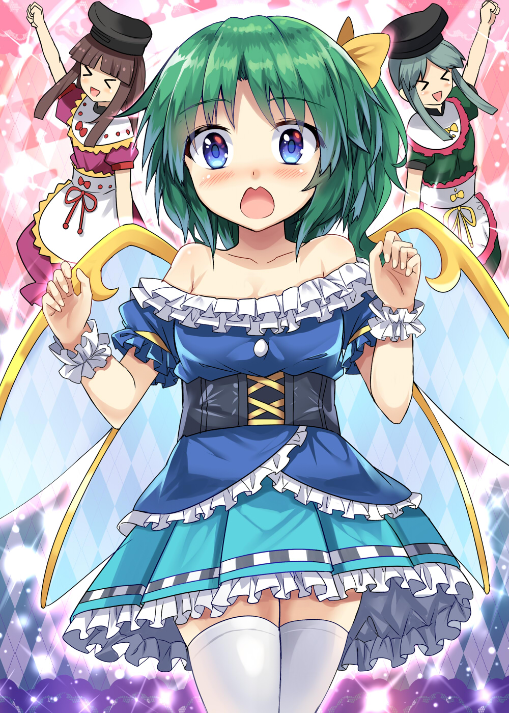 &gt;_&lt; 3girls :d :o alternate_costume apron argyle argyle_background arm_up bare_shoulders black_hat blue_eyes blue_skirt blush bow brown_hair collarbone commentary_request cowboy_shot daiyousei dress e.o. eyebrows_visible_through_hair frilled_shirt frills green_dress green_hair hair_bow hands_up hat highres miniskirt multiple_girls nishida_satono off-shoulder_shirt off_shoulder one_side_up open_mouth petticoat pink_background pink_dress pleated_skirt puffy_short_sleeves puffy_sleeves purple_background shirt short_hair short_hair_with_long_locks short_sleeves skirt smile sparkle standing teireida_mai thigh-highs touhou waist_apron white_apron white_legwear wrist_cuffs xd yellow_bow zettai_ryouiki