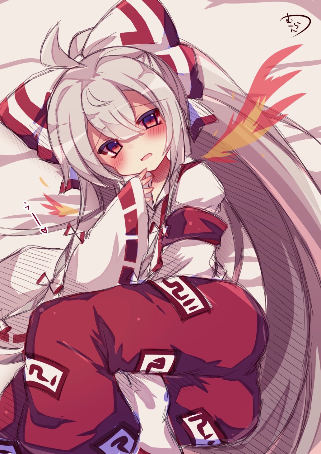 1girl ahoge alternate_hairstyle armband bangs bed bed_sheet blush bow collared_shirt colored_eyelashes commentary_request eyebrows_visible_through_hair fiery_wings fujiwara_no_mokou gradient_eyes hair_between_eyes hair_bow hand_up highres long_hair long_ponytail long_sleeves looking_at_viewer lying multicolored multicolored_eyes muuran ofuda on_side open_mouth pants red_eyes red_pants ribbon-trimmed_sleeves ribbon_trim shirt signature sketch sleeves_past_wrists solo suspenders tareme touhou very_long_hair violet_eyes white_bow white_shirt wide_sleeves