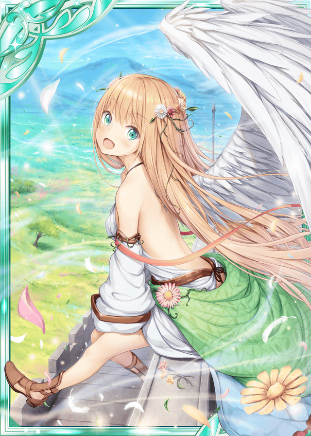 1girl :d akkijin angel angel_wings back bare_shoulders blonde_hair blue_sky breasts card_(medium) dress feathers field flower green_eyes hair_flower hair_ornament looking_at_viewer mountain official_art open_mouth shinkai_no_valkyrie sitting sky small_breasts smile solo sunlight tree white_dress wings