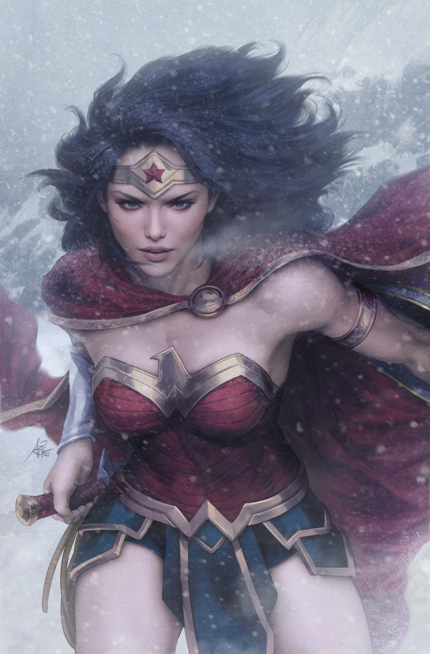 1girl armlet black_hair blurry bracer breath cape dc_comics depth_of_field highres lasso looking_at_viewer parted_lips pommel realistic shield skirt snow snowing solo stanley_lau superhero sword tiara toned upper_body weapon weapon_on_back wonder_woman wonder_woman_(series)