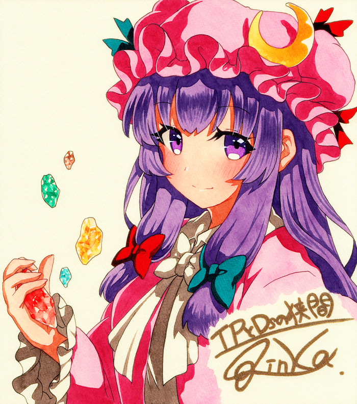 1girl bangs blue_bow blush bow bowtie closed_mouth crescent crescent_moon_pin eyebrows_visible_through_hair hair_bow hat holding long_hair long_sleeves looking_at_viewer mob_cap patchouli_knowledge pink_hat purple_hair qqqrinkappp red_bow shikishi sidelocks signature simple_background smile solo touhou traditional_media upper_body violet_eyes white_bow