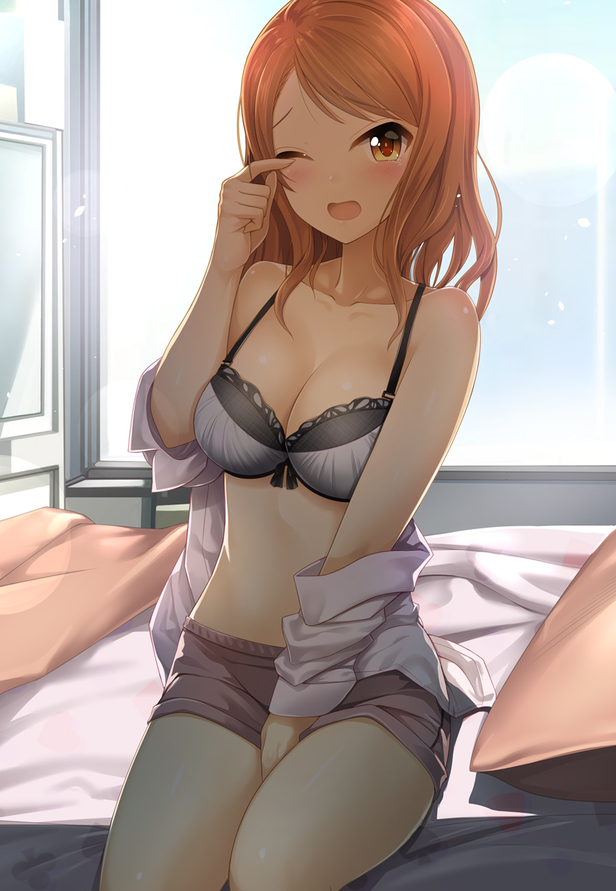 1girl bed blush bra breasts brown_eyes brown_hair cleavage collarbone cowboy_shot highres houjou_karen idolmaster idolmaster_cinderella_girls kazu long_hair looking_at_viewer medium_breasts one_eye_closed open_clothes open_mouth shorts sitting smile underwear window