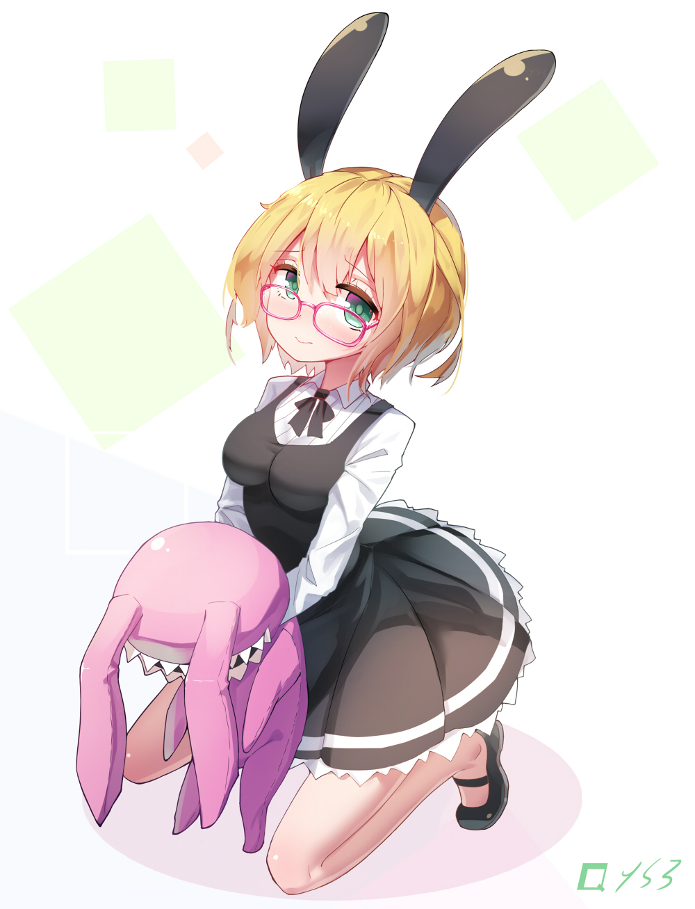 1girl animal_ears bai_yemeng bangs black_dress black_footwear black_neckwear blonde_hair breasts collared_shirt commentary_request dress eyebrows_visible_through_hair galaktika green_eyes hair_between_eyes highres kneeling long_sleeves looking_at_viewer mary_janes medium_breasts no_socks object_hug pleated_dress rabbit_ears roboko_(sekai_seifuku) sekai_seifuku:_bouryaku_no_zvezda shirt shoes short_hair signature sleeveless sleeveless_dress solo white_background white_shirt