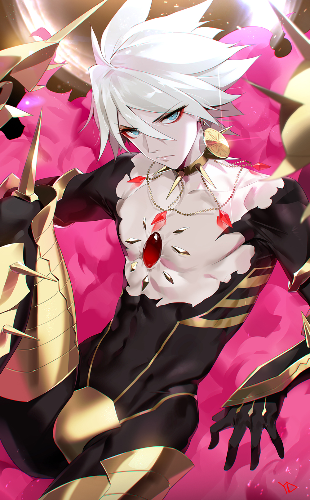 1boy black_bodysuit blue_eyes bodysuit cape collar commentary_request covered_navel crotch_plate earrings eyeshadow fate/apocrypha fate_(series) gem greaves highres jewelry karna_(fate) looking_at_viewer makeup male_focus signature sitting skin_tight solo spiked_collar spikes yang-do