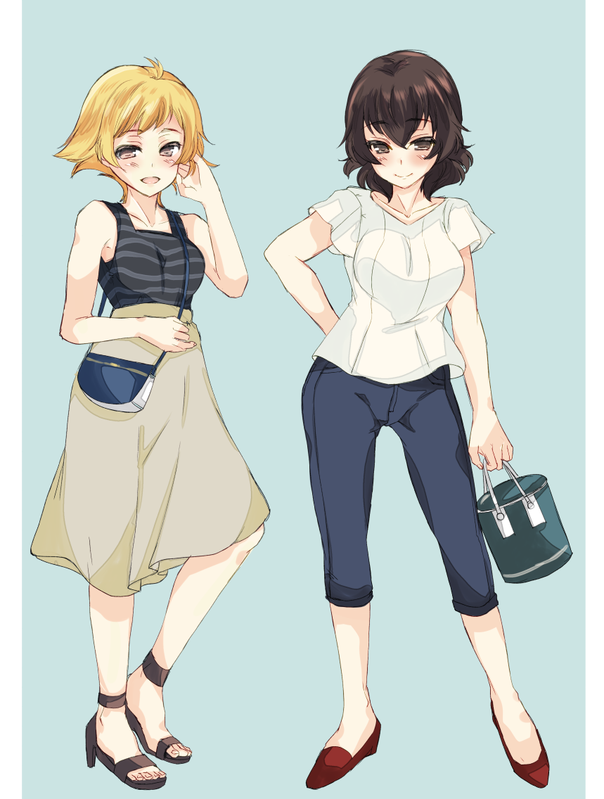 2girls abenattou anklet bag bangs black_shirt blonde_hair blue_pants brown_eyes brown_hair brown_skirt caesar_(girls_und_panzer) capri_pants carrying casual closed_mouth commentary erwin_(girls_und_panzer) eyebrows_visible_through_hair flats full_body girls_und_panzer green_background hand_in_hair hand_on_hip handbag high-waist_skirt holding jewelry looking_at_viewer medium_skirt multiple_girls no_hat no_headwear no_legwear open_mouth pants pointy_hair red_footwear sandals shirt short_hair short_sleeves simple_background skirt sleeveless sleeveless_shirt smile standing striped striped_shirt white_shirt