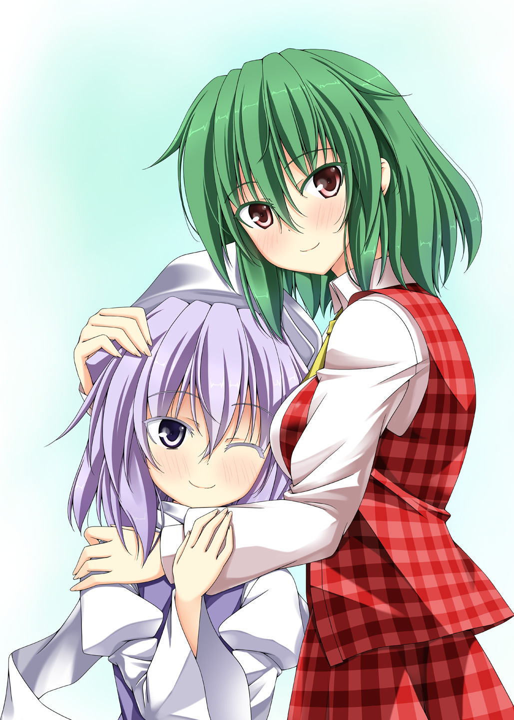 2girls breasts comic commentary_request eyebrows_visible_through_hair green_hair hair_between_eyes hand_on_another's_arm hand_on_another's_head hat highres hug juliet_sleeves kazami_yuuka letty_whiterock long_sleeves multiple_girls one_eye_closed plaid plaid_skirt plaid_vest puffy_sleeves purple_hair rappa_(rappaya) red_eyes skirt smile touhou translation_request vest violet_eyes wide_sleeves