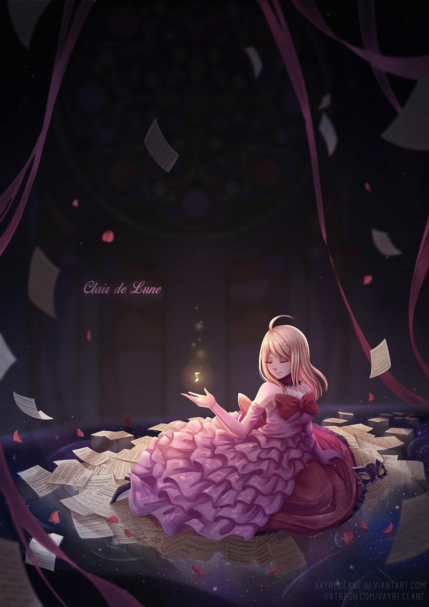 1girl ahoge akamatsu_kaede alternate_costume arm_at_side artist_name bare_shoulders black_choker blonde_hair breasts choker cleavage closed_eyes closed_mouth dangan_ronpa dark_background dress eighth_note elbow_gloves feliciani_yap gloves glowing highres indoors large_breasts layered_dress long_hair mask mask_removed musical_note musical_note_hair_ornament new_dangan_ronpa_v3 petals pink_dress pink_gloves ripples sheet_music smile solo song_name stained_glass water watermark web_address