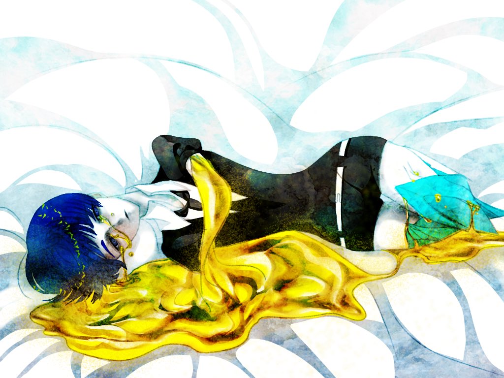 1other androgynous bed_sheet blue_eyes blue_hair broken crying crying_with_eyes_open gem_uniform_(houseki_no_kuni) gold houseki_no_kuni looking_at_viewer lying missing_limb necktie on_side phosphophyllite phosphophyllite_(ll) short_hair solo spoilers tears