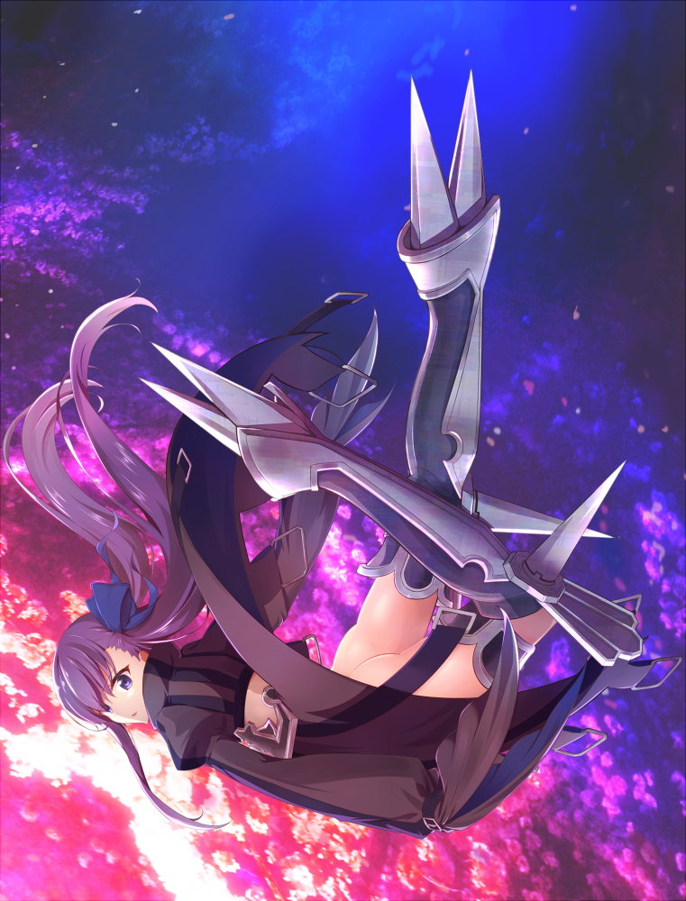 1girl ass bangs black_coat blue_bow bow eyebrows_visible_through_hair fate/extra fate/extra_ccc fate_(series) hair_bow juliet_sleeves long_hair long_sleeves meltlilith moninora parted_lips prosthesis puffy_sleeves purple_hair sleeves_past_fingers sleeves_past_wrists solo very_long_hair violet_eyes