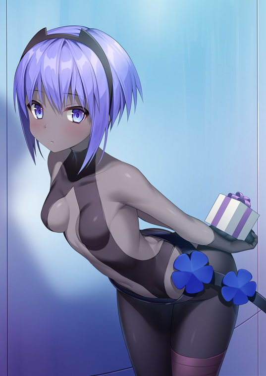 1girl arms_behind_back bangs bare_shoulders black_bodysuit black_gloves blush bodysuit box breasts closed_mouth commentary_request cowboy_shot eyebrows_visible_through_hair fate/prototype fate/prototype:_fragments_of_blue_and_silver fate_(series) gift gift_box gloves grey_skin hair_between_eyes hassan_of_serenity_(fate) holding holding_gift leaning_forward looking_at_viewer mashima_(sumachi) purple_hair sidelocks small_breasts solo violet_eyes