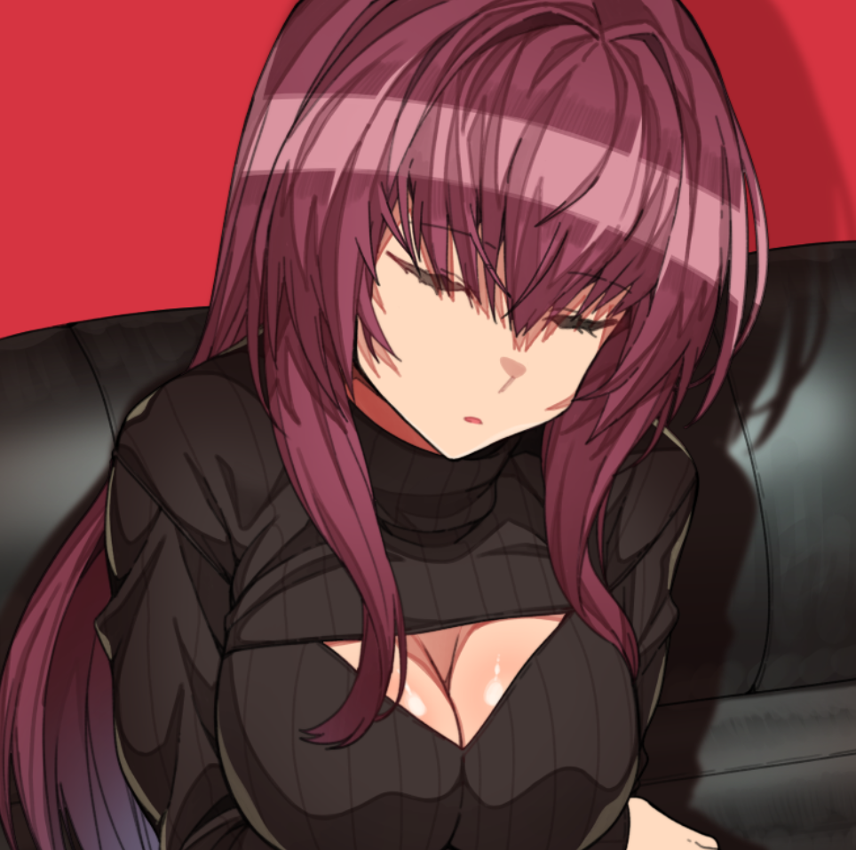 1girl bangs breasts cleavage cleavage_cutout commentary_request erere eyebrows_visible_through_hair fate/grand_order fate_(series) hair_between_eyes long_hair purple_hair red_background scathach_(fate/grand_order) solo