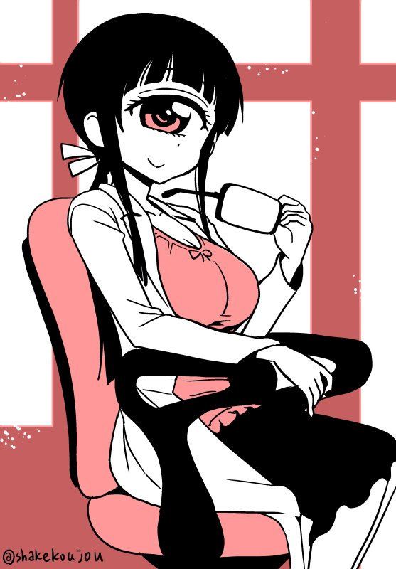 1girl armchair bangs blunt_bangs breasts chair cleavage commentary_request cyclops eyewear_removed feet_out_of_frame from_side hitomi_sensei_no_hokenshitsu labcoat large_breasts limited_palette long_hair looking_at_viewer looking_to_the_side manaka_hitomi monocle office_chair one-eyed ponytail shake-o shirt sitting skirt smile solo twitter_username