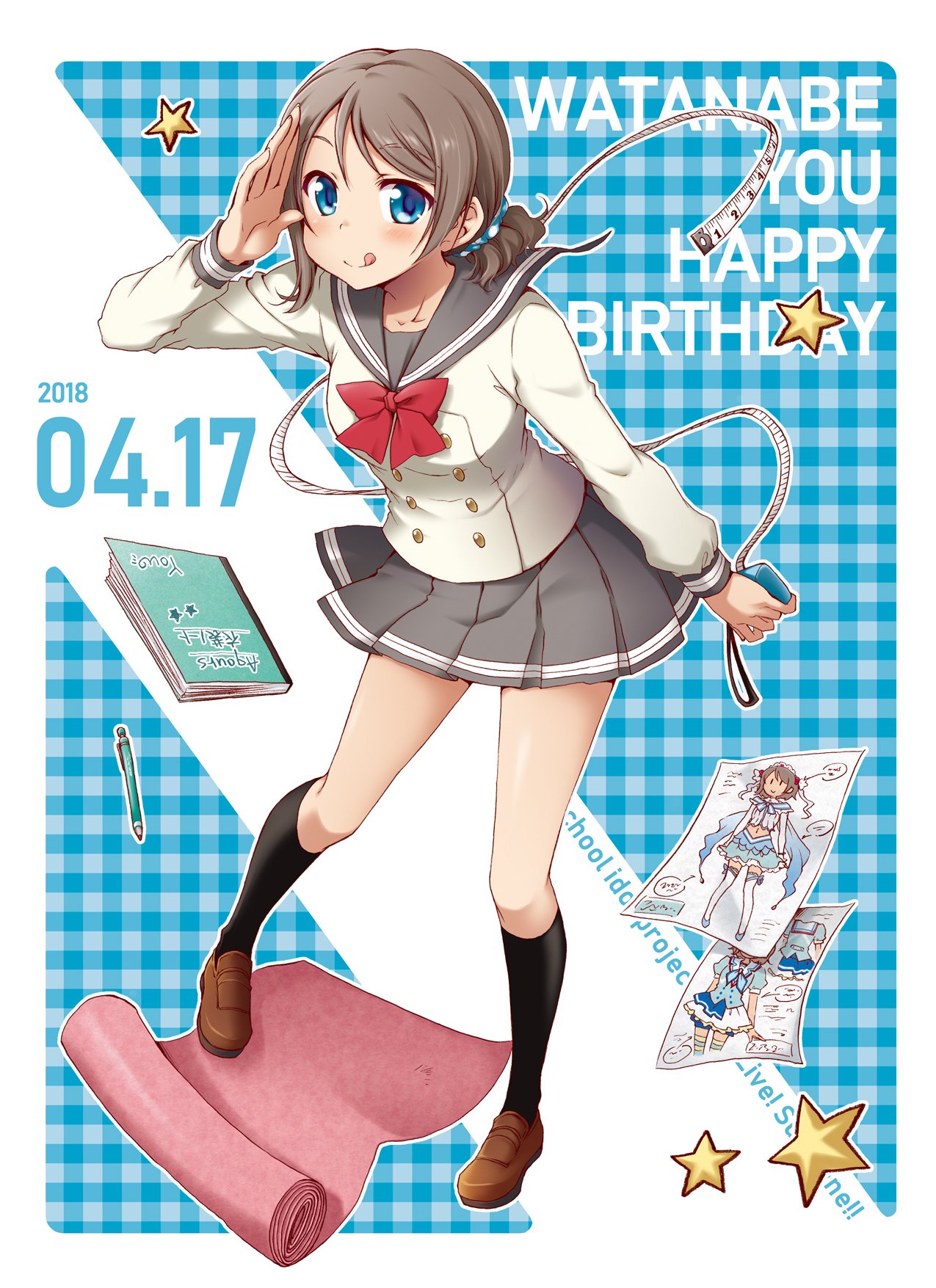 1girl :q aozora_jumping_heart ayami_chiha black_legwear blue_eyes blue_scrunchie bow bowtie brown_footwear character_name commentary_request copyright_name dated double-breasted drawing fabric full_body grey_hair grey_skirt happy_birthday highres kneehighs koi_ni_naritai_aquarium loafers long_sleeves looking_at_viewer love_live! love_live!_sunshine!! mechanical_pencil notebook pencil plaid plaid_background pleated_skirt polka_dot polka_dot_scrunchie ponytail red_neckwear salute school_uniform scrunchie serafuku shoes skirt solo standing star tape_measure tongue tongue_out uranohoshi_school_uniform watanabe_you