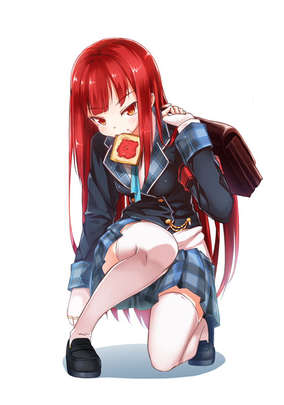 1girl alternate_costume blazer blush_stickers bread crimson_avenger_(elsword) elesis_(elsword) elsword eyebrows_visible_through_hair fingerless_gloves food gloves jacket long_hair plaid plaid_skirt redhead sando_(artist) school_uniform skirt thigh-highs yellow_eyes