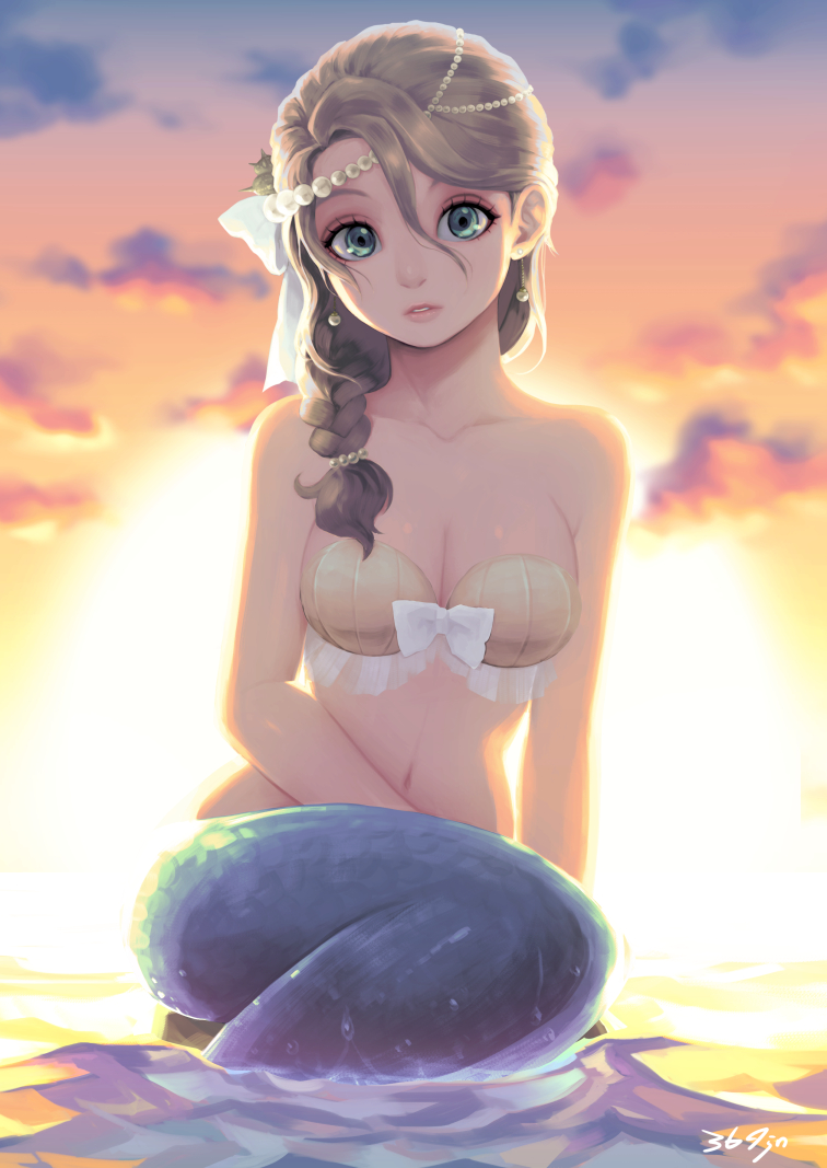 1girl arm_at_side arm_support artist_name backlighting bikini_top blonde_hair blue_eyes bow braided_ponytail breasts cleavage collarbone gradient_sky hair_between_eyes hair_bow hair_ornament hand_in_lap head_tilt leaning_over long_hair looking_at_viewer medium_breasts mermaid monster_girl navel original outdoors parted_lips partially_submerged pearl pearl_earrings revision saharada solo sunset twilight water white_bow