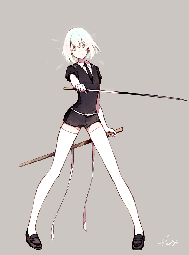 1other akagi_shun black_footwear black_neckwear black_vest blue_hair closed_mouth collared_shirt commentary diamond_(houseki_no_kuni) english_commentary full_body grey_background grey_eyes grey_hair head_tilt holding holding_sword holding_weapon houseki_no_kuni katana legs_apart looking_at_viewer multicolored_hair necktie pigeon-toed scabbard sheath shiny shiny_hair shirt shoes short_hair signature simple_background solo standing sword thigh-highs vest weapon white_legwear white_shirt wing_collar