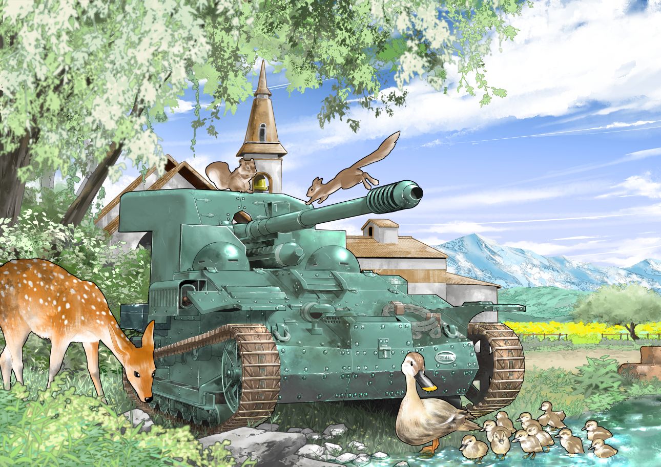 animal bird caterpillar_tracks church clouds commentary day duck ground_vehicle inou_takashi mallard military military_vehicle motor_vehicle no_humans renault_ue_57 rock self-propelled_gun sky squirrel tank tree wargaming_japan water world_of_tanks