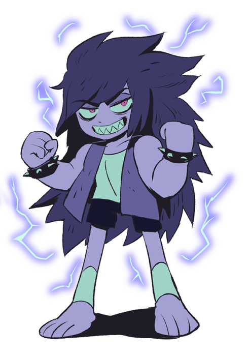 1boy barefoot bracelet clenched_hands dark_persona electricity hackto jewelry k.o._(ok_k.o.!) long_hair looking_at_viewer male_focus ok_k.o.!_let's_be_heroes pink_eyes sharp_teeth shorts simple_background sleeveless solo spiked_bracelet spikes t.k.o. teeth vest white_background