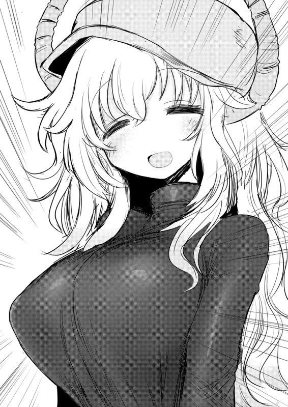 1girl =_= baseball_cap breasts closed_eyes dragon_girl dragon_horns emphasis_lines hat horns kobayashi-san_chi_no_maidragon kyuusui_gakari large_breasts long_hair monochrome open_mouth quetzalcoatl_(maidragon) smile solo