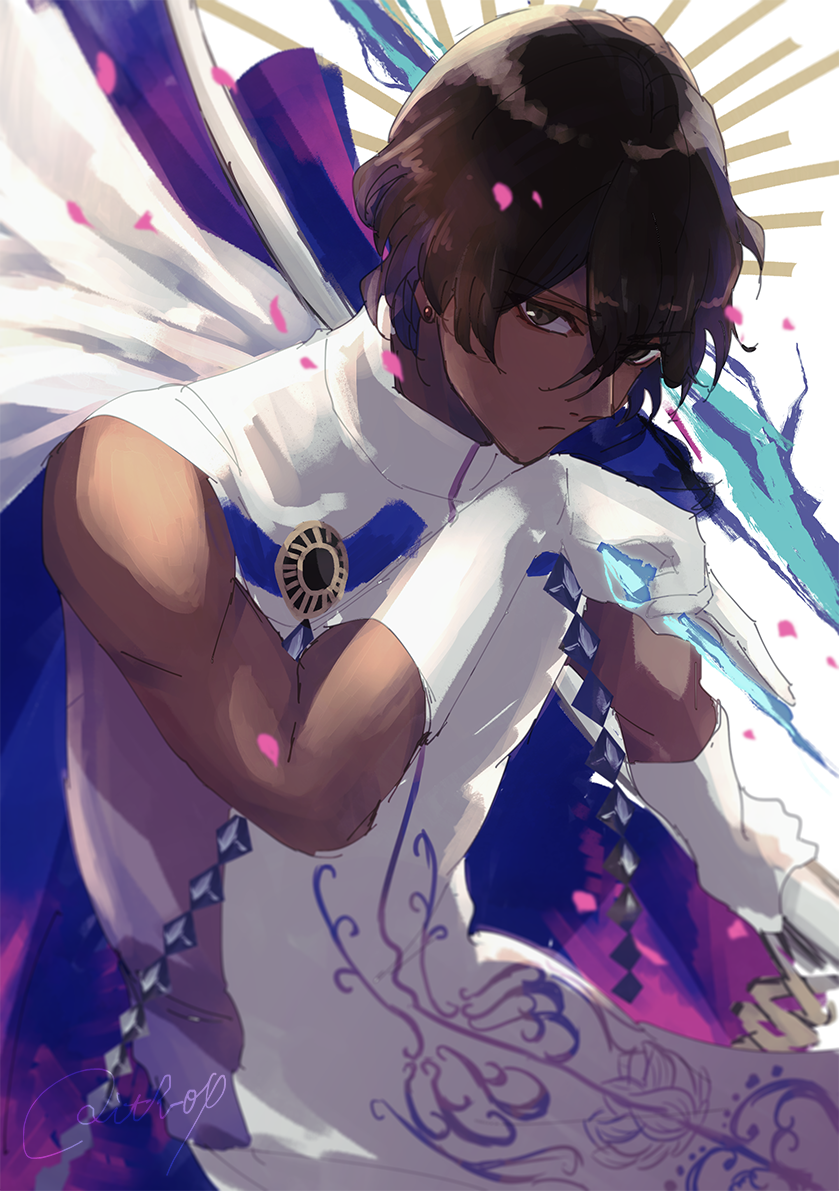1boy arjuna_(fate/grand_order) arrow backlighting bangs bare_shoulders blurry bow_(weapon) brown_eyes brown_hair chin_rest closed_mouth commentary_request dark_skin dark_skinned_male depth_of_field drawing_bow earrings elbow_gloves expressionless eyebrows_visible_through_hair eyes_visible_through_hair fate/grand_order fate_(series) gloves hair_over_one_eye hand_up holding holding_arrow holding_bow_(weapon) holding_weapon indian_clothes jewelry looking_at_viewer male_focus muscle pelvic_curtain shirt signature sleeveless sleeveless_shirt solo swept_bangs turtleneck wavy_hair weapon white_cloak white_gloves white_shirt
