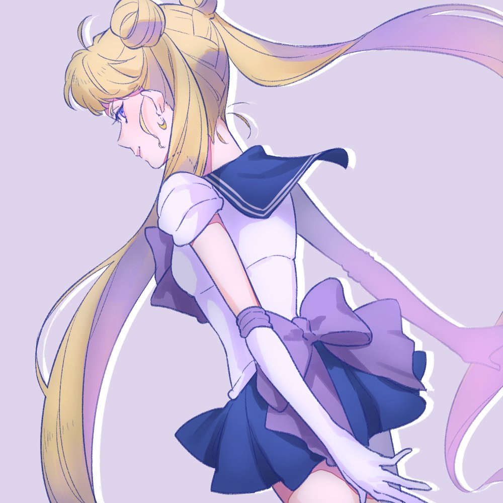 1girl ama_mt bishoujo_senshi_sailor_moon blonde_hair blue_sailor_collar blue_skirt bow cowboy_shot double_bun dutch_angle elbow_gloves gloves lavender_background light_smile long_hair looking_back pleated_skirt purple_bow sailor_collar sailor_moon simple_background skirt solo tsukino_usagi twintails very_long_hair violet_eyes white_gloves