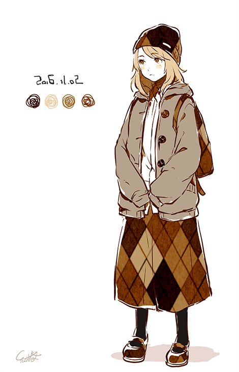 1girl akagi_shun backpack bag beanie black_legwear blonde_hair blush brown_eyes closed_mouth color_guide commentary_request dated eyebrows_visible_through_hair freckles full_body grey_jacket hat jacket limited_palette long_sleeves original shirt shoes signature simple_background skirt solo white_background white_shirt