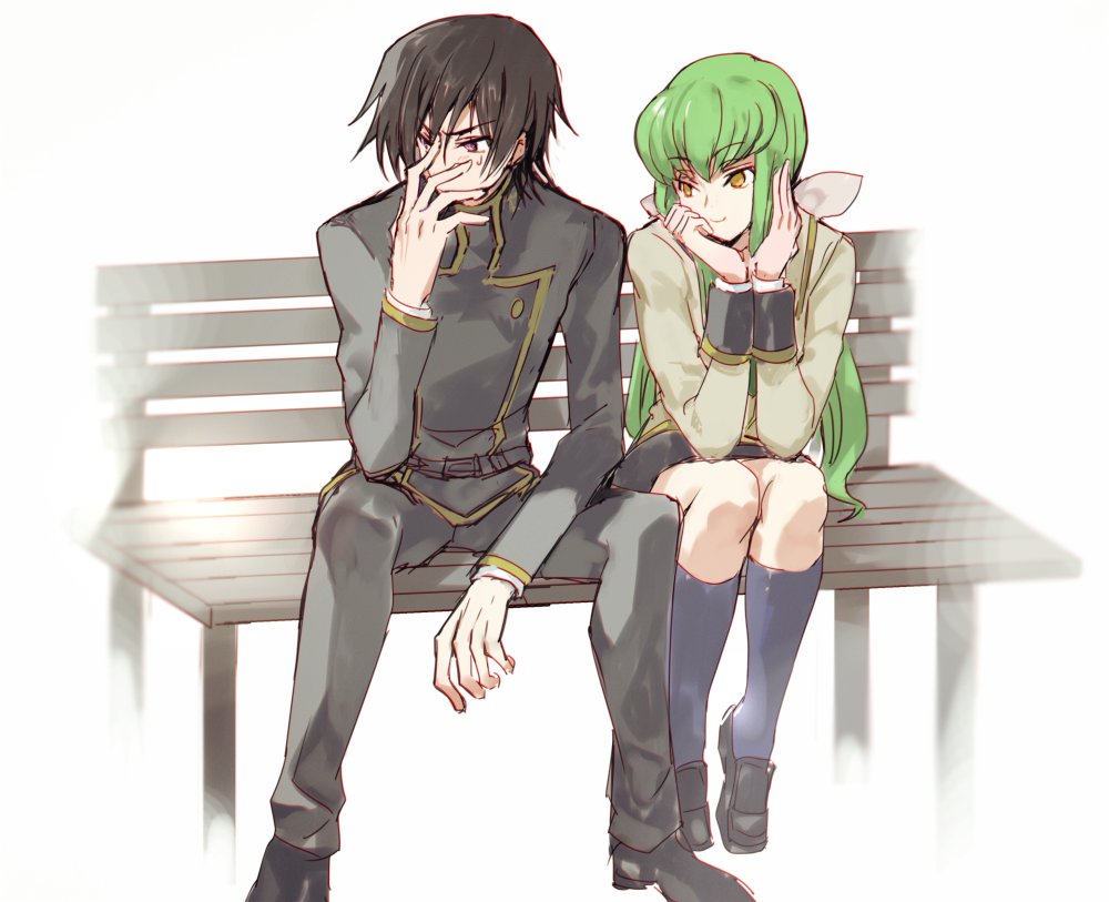 1boy 1girl bench black_jacket black_pants blue_legwear brown_hair c.c. code_geass couple covered_mouth creayus eyebrows_visible_through_hair green_hair hand_on_own_face jacket legs_apart lelouch_lamperouge long_hair long_sleeves looking_at_another low_twintails pants shoes sitting smile socks sweatdrop twintails violet_eyes yellow_eyes
